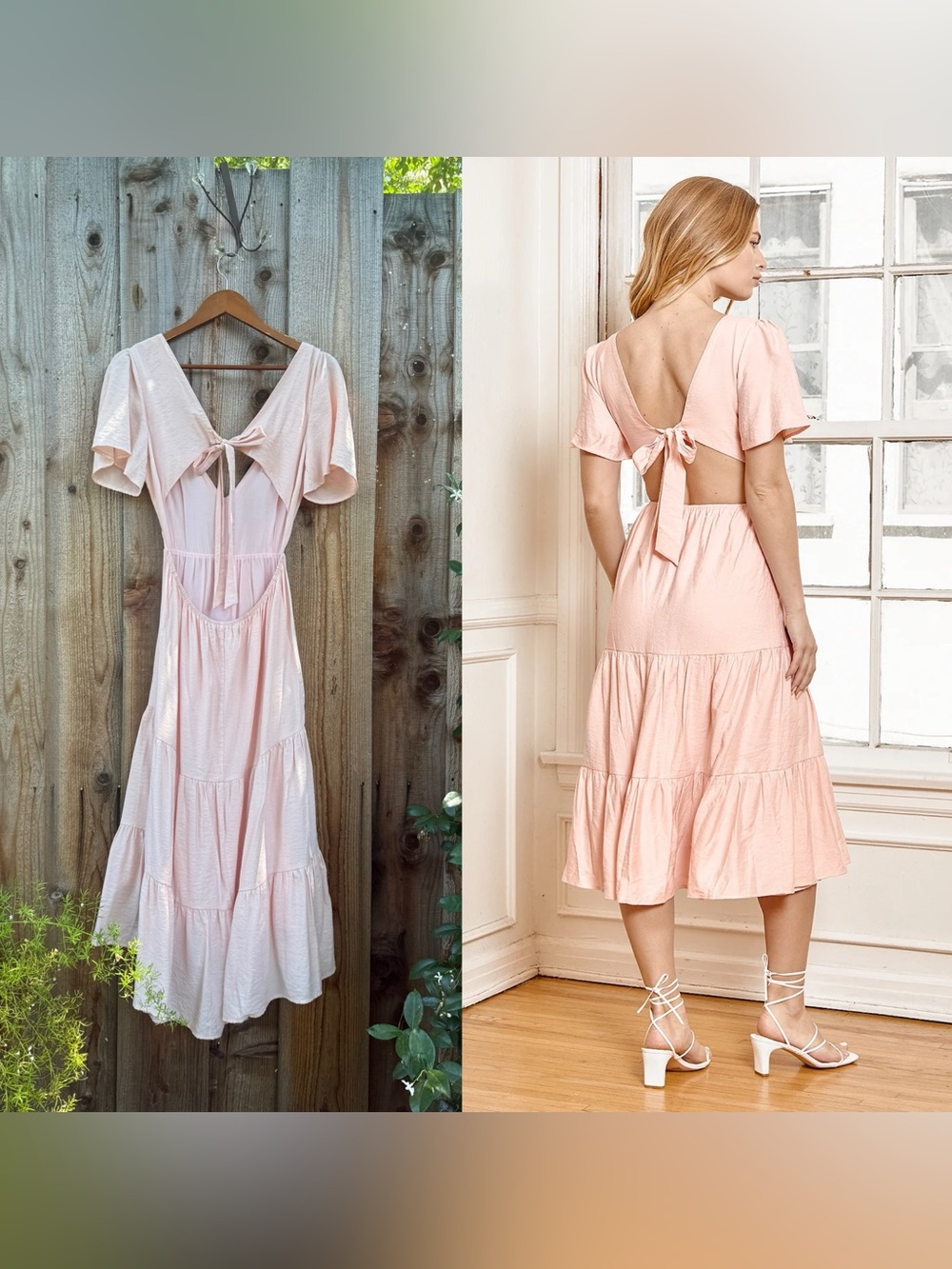 Light Ballet Pink Flutter-sleeve Tiered Open Tie-Back Midi Dress 🌿